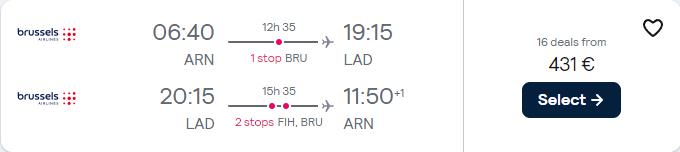 Cheap flights from Stockholm or Gothenburg, Sweden to Luanda, Angola from only €431 roundtrip with Brussels Airlines. Flight deal ticket image.