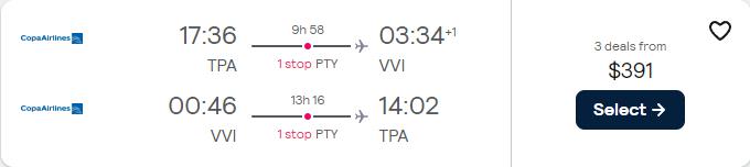 Cheap flights from Tampa, Florida to Santa Cruz, Bolivia for only $391 roundtrip with Copa Airlines. Flight deal ticket image.