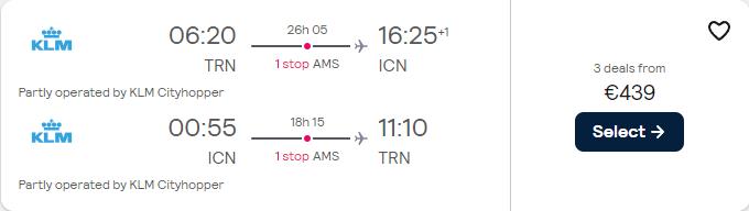 Cheap flights from Turin or Milan, Italy to Seoul, South Korea from only €437 roundtrip with KLM. Flight deal ticket image.