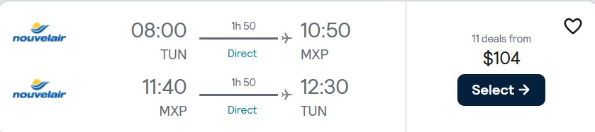 Non-stop flights from Tunis, Tunisia to Milan, Italy for only $104 USD roundtrip. Flight deal ticket image.