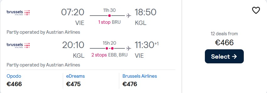 Cheap flights from Vienna, Austria to Kigali, Rwanda for only €466 roundtrip with Austrian Airlines and Brussels Airlines. Flight deal ticket image.