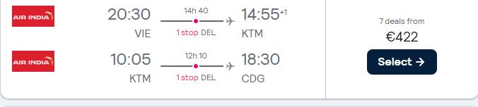 Open-jaw flights from Vienna, Austria to Kathmandu, Nepal returning to Paris, France for only €422. Flight deal ticket image.