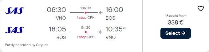 Cheap flights from the Baltics to Boston, USA from only €338 roundtrip with Scandinavian Airlines. Flight deal ticket image.