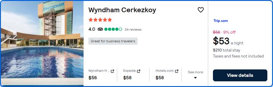 Stay at the 5* Wyndham Cerkezkoy in Cerkezkoy, Turkey for only $53 USD per night. Flight deal ticket image.