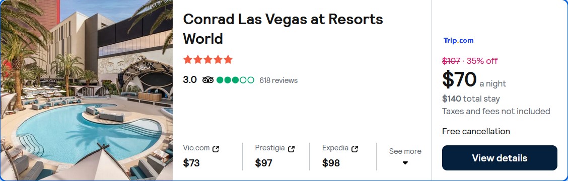 Stay at the 5* Conrad Las Vegas at Resorts World in Las Vegas, USA for only $70 USD per night. Flight deal ticket image.
