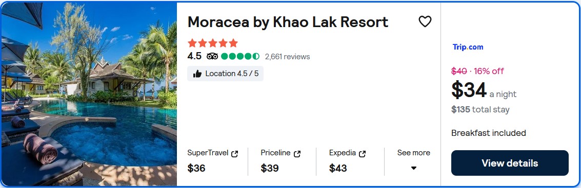Click here to book this cheap flight deal. Stay at the 5* Moracea by Khao Lak Resort in Khao Lak, Thailand for only $34 USD per night. Flight deal ticket image.