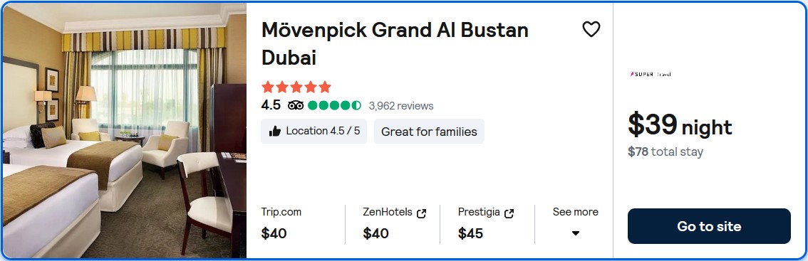 Click here to book this cheap flight deal. Stay at the 5* Mövenpick Grand Al Bustan Dubai in Dubai, UAE for only $39 USD per night. Flight deal ticket image.