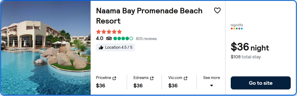 Click here to book this cheap flight deal. Stay at the 5* Naama Bay Promenade Beach Resort in Sharm el Sheikh, Egypt for only $36 USD per night. Flight deal ticket image.