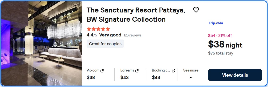 Click here to book this cheap flight deal. Stay at the 5* The Sanctuary Resort Pattaya, BW Signature Collection in Pattaya, Thailand for only $38 USD per night. Flight deal ticket image.