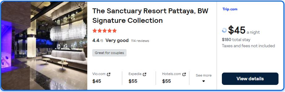 Stay at the 5* The Sanctuary Resort Pattaya, BW Signature Collection in Pattaya, Thailand for only $45 USD per night. Flight deal ticket image.