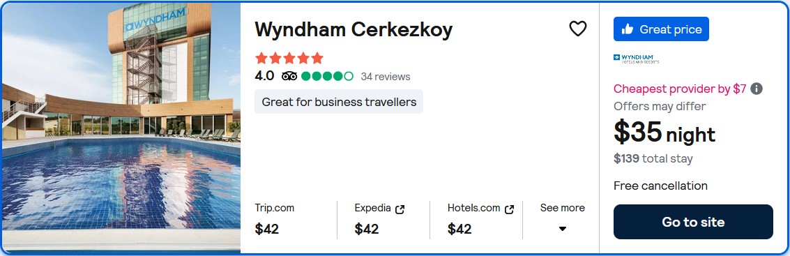 Click here to book this cheap flight deal. Stay at the 5* Wyndham Cerkezkoy in Cerkezkoy, Turkey for only $35 USD per night over New Year. Flight deal ticket image.