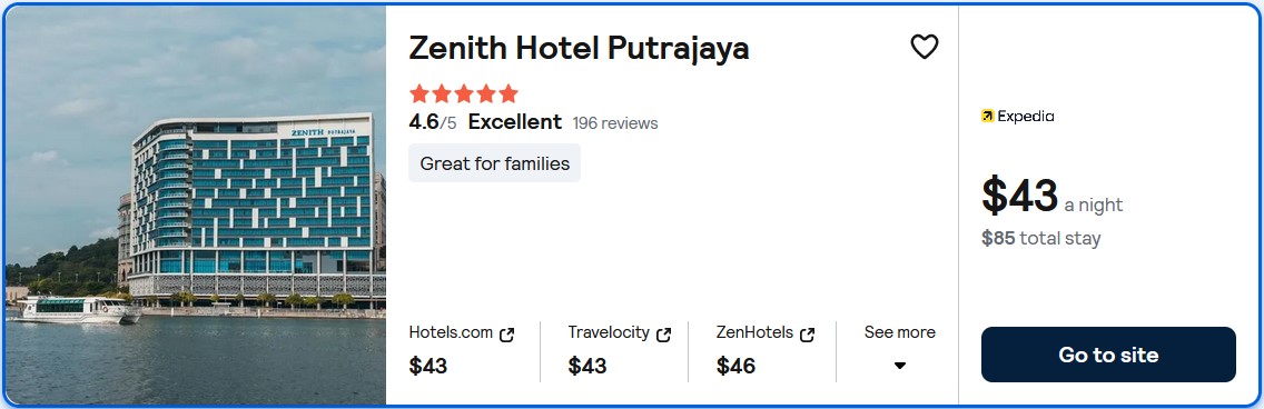 Stay at the 5* Zenith Hotel Putrajaya in Kuala Lumpur, Malaysia for only $43 USD per night. Flight deal ticket image.