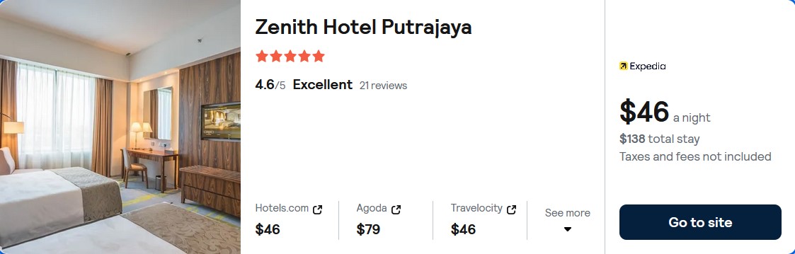 Stay at the 5* Zenith Hotel Putrajaya in Kuala Lumpur, Malaysia for only $46 USD per night. Flight deal ticket image.