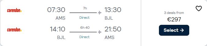 Non-stop flights from Amsterdam, Netherlands to Banjul, Gambia for only €297 roundtrip. Flight deal ticket image.