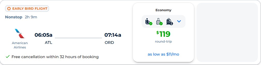 Non-stop flights from Atlanta to Chicago for only $119 roundtrip with American Airlines. Also works in reverse. Flight deal ticket image.