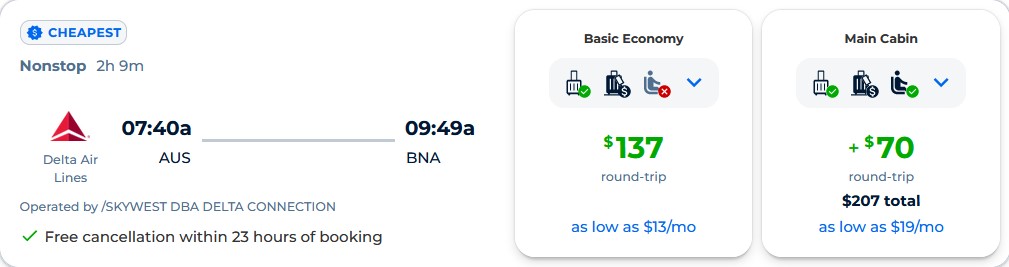 Non-stop, summer flights from Austin, Texas to Nashville for only $137 roundtrip with Delta Air Lines. Also works in reverse. Flight deal ticket image.