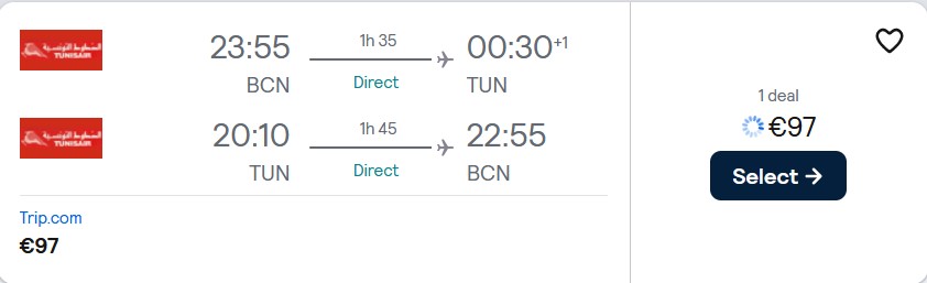 Non-stop flights from Barcelona or Madrid, Spain to Tunis, Tunisia for only €97 roundtrip. Flight deal ticket image.