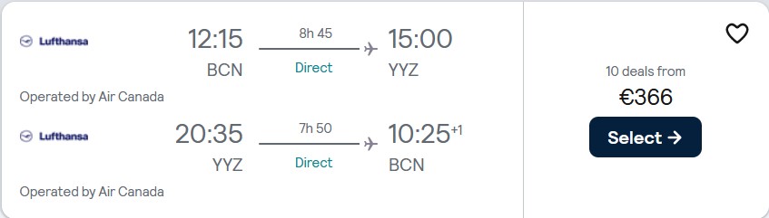 Non-stop flights from Barcelona or Madrid, Spain to Toronto or Montreal, Canada from only €366 roundtrip with Air Canada. Flight deal ticket image.