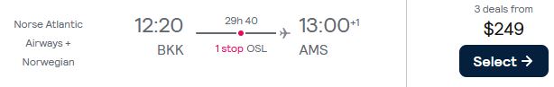 Cheap flights from Bangkok, Thailand to European cities from only $249 USD one-way. Flight deal ticket image.