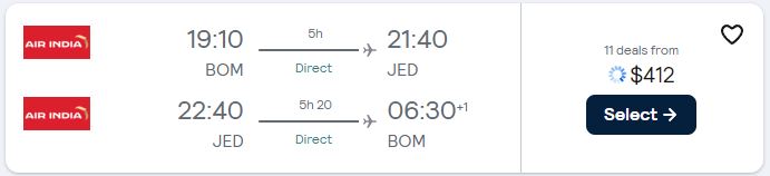 Click here to book this cheap flight deal. Business Class flights from Mumbai, India to Jeddah, Saudi Arabia for only $412 USD roundtrip. Flight deal ticket image.