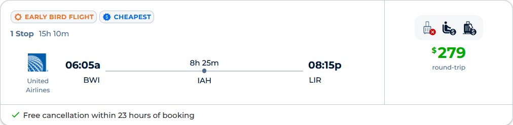 Cheap flights from Baltimore to Liberia, Costa Rica for only $279 roundtrip with United Airlines. Flight deal ticket image.