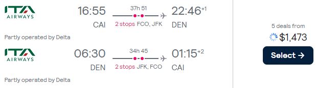 Business Class flights from Cairo, Egypt to Denver, Colorado for only $1473 USD roundtrip with Delta Air Lines. Flight deal ticket image.