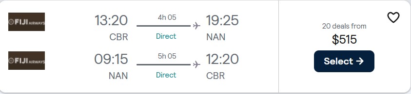 Non-stop flights from Canberra, Australia to Fiji for only $515 AUD roundtrip with Fiji Airways. Flight deal ticket image.