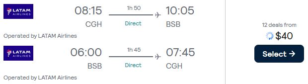 Non-stop flights from Sao Paulo, Brazil to Brasilia, Brazil for only $40 USD roundtrip with LATAM Airlines. Flight deal ticket image.