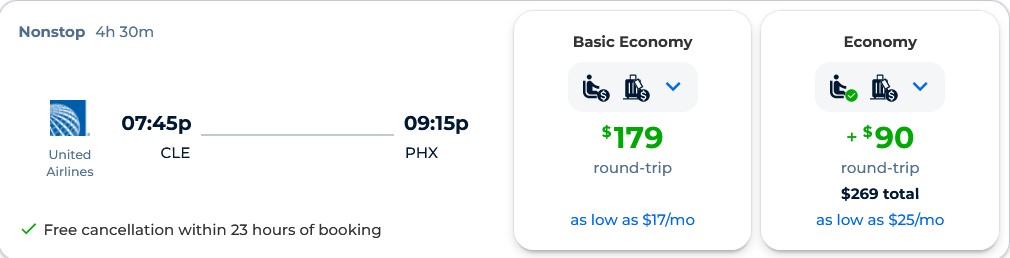 Non-stop flights from Cleveland, Ohio to Phoenix, Arizona for only $179 roundtrip with United Airlines. Also works in reverse. Flight deal ticket image.