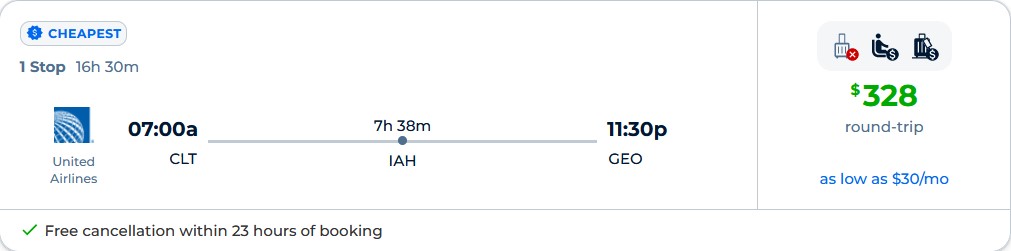 Cheap flights from Charlotte, North Carolina to Guyana for only $328 roundtrip with United Airlines. Flight deal ticket image.