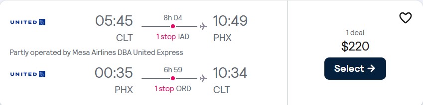 Click here to book this cheap flight deal. Cheap flights from Charlotte, North Carolina to Phoenix, Arizona for only $220 roundtrip with United Airlines. Also works in reverse. Flight deal ticket image.