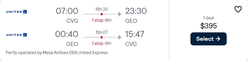 Summer and Christmas flights from Cincinnati, Ohio to Guyana for only $395 roundtrip with United Airlines. Flight deal ticket image.