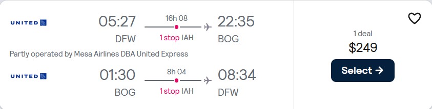 Cheap flights from Dallas or Minneapolis to Bogota, Colombia from only $249 roundtrip with United Airlines. Flight deal ticket image.