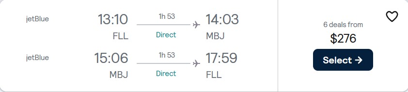 Non-stop flights from Fort Lauderdale to Montego Bay, Jamaica for only $276 roundtrip with JetBlue. Flight deal ticket image.