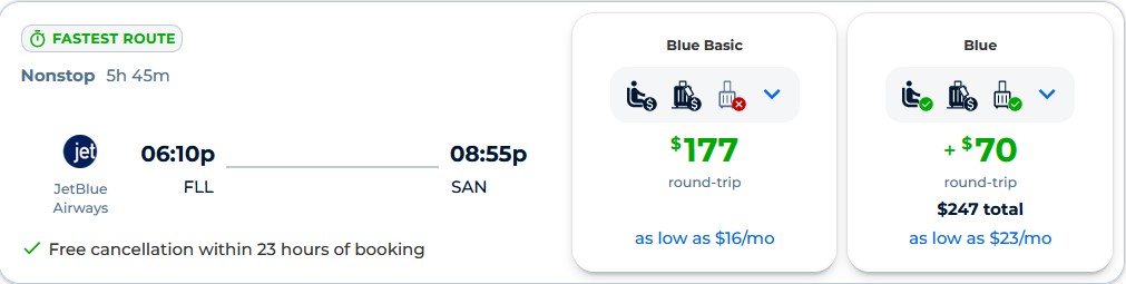 Non-stop flights from Fort Lauderdale to San Diego for only $177 roundtrip with JetBlue Airways. Also works in reverse. Flight deal ticket image.