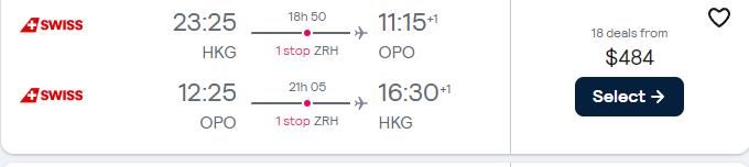 Cheap flights from Hong Kong to Porto, Portugal for only $484 USD roundtrip with Swiss International Air Lines. Flight deal ticket image.
