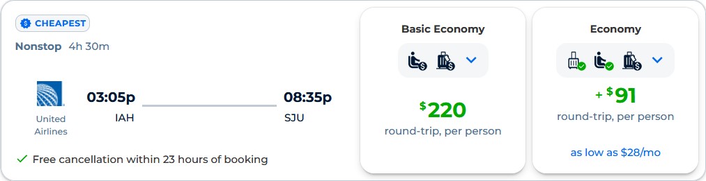Non-stop flights from Houston, Texas to San Juan, Puerto Rico for only $220 roundtrip with United Airlines. Flight deal ticket image.
