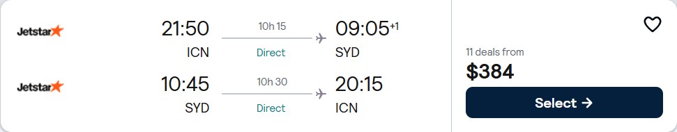 Non-stop flights from Seoul, South Korea to Sydney, Australia for only $384 USD roundtrip with Jetstar. Flight deal ticket image.