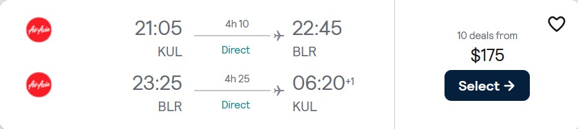 Non-stop flights from Kuala Lumpur, Malaysia to Bangalore, India for only $175 USD roundtrip. Flight deal ticket image.