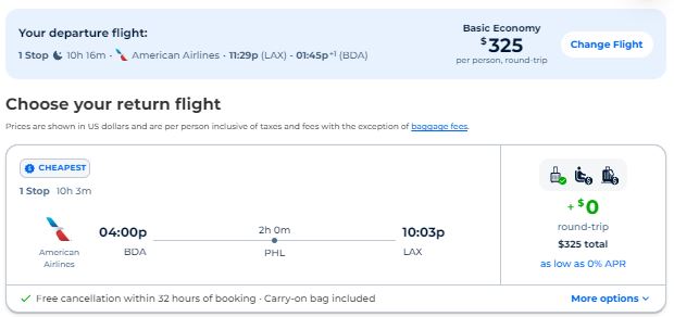 Click here to book this cheap flight deal. Cheap flights from Los Angeles to Bermuda for only $325 roundtrip with American Airlines. Flight deal ticket image.