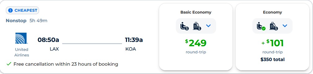 Non-stop flights from Los Angeles to Kona, Hawaii for only $249 roundtrip with United Airlines. Also works in reverse. Flight deal ticket image.