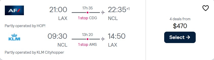 Click here to book this cheap flight deal. Cheap flights from Los Angeles to Newcastle, UK for only $470 roundtrip with Air France and KLM. Flight deal ticket image.