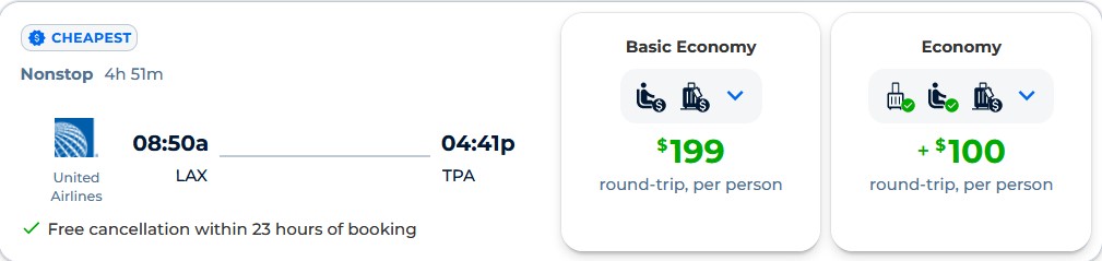 Non-stop, summer flights from Los Angeles to Tampa, Florida for only $199 roundtrip with United Airlines. Also works in reverse. Flight deal ticket image.