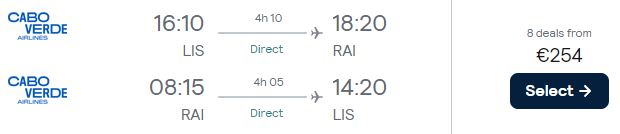 Non-stop flights from Lisbon, Portugal to Praia, Cape Verde for only €254 roundtrip. Flight deal ticket image.