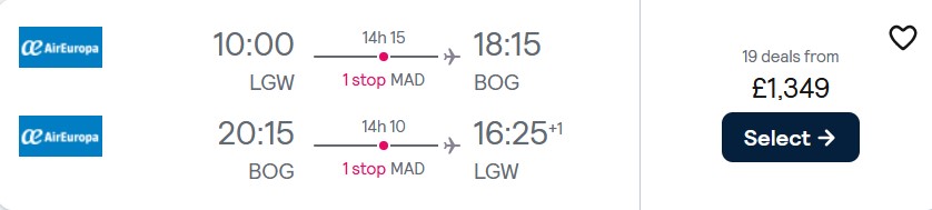 Business Class flights from London, UK to Bogota, Colombia for only £1349 roundtrip with Air Europa. Flight deal ticket image.