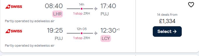 Business Class flights from UK cities to the Dominican Republic from only £1334 roundtrip with Swiss International Air Lines. Flight deal ticket image.