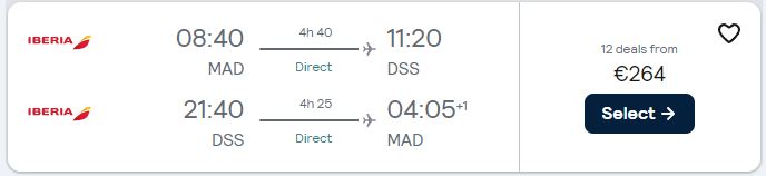 Non-stop flights from Madrid, Spain to Dakar, Senegal for only €264 roundtrip with Iberia. Flight deal ticket image.