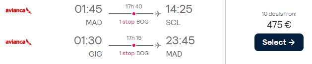 Open-jaw flights from Madrid, Spain to Santiago, Chile returning from Brazilian cities from only €475 roundtrip with Avianca. Flight deal ticket image.