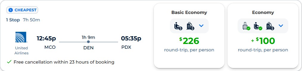 Summer flights from Orlando, Florida to Portland, Oregon for only $226 roundtrip with United Airlines. Also works in reverse. Flight deal ticket image.