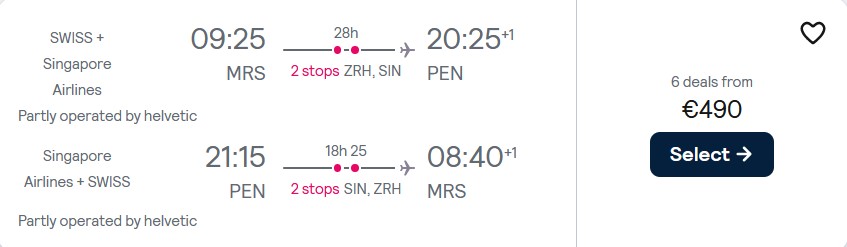 Click here to book this cheap flight deal. Cheap flights from Marseille, France to Penang, Malaysia for only €490 roundtrip with Swiss International Air Lines and Singapore Airlines. Flight deal ticket image.